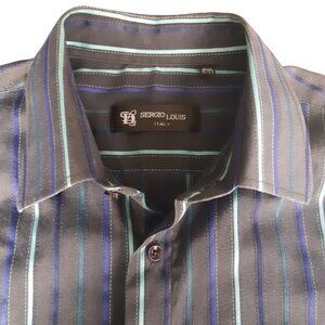 Sergio Louis Italy SZ M Black, Indigo & Teal Striped Men's Button Up Shirt